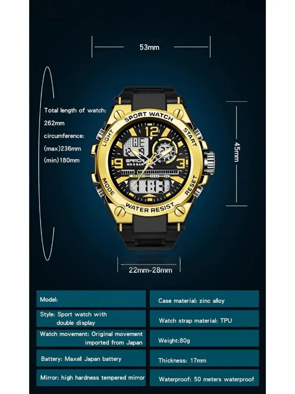 Men's Black And Gold Analog Quartz Sports Waterproof Military LED Digital Watch